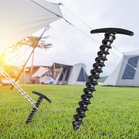 Set di 10 picchetti a vite per tende, riutilizzabili e robusti, ideali per campeggio, escursionismo, giardino e attività all'aperto, colore nero. (1/5)
