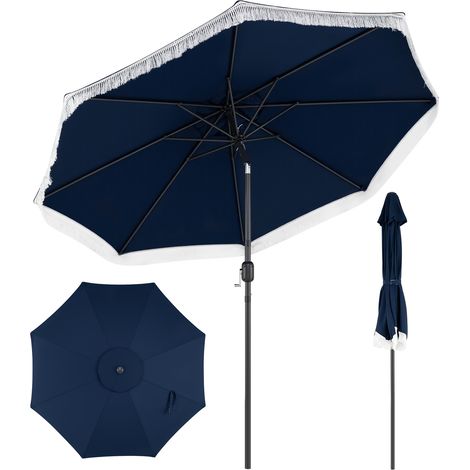 270CM Parasol de Jardin avec 8 Baleines Métalliques, Toile Polyester Anti-Déchirure, Bordure à Franges, Inclinaison Bouton-Poussoir, Bleu marine (1/5)