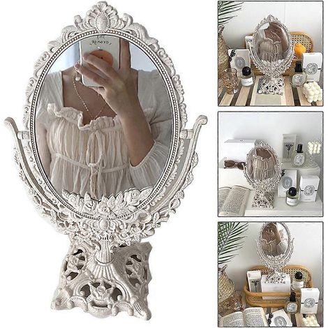 Petit miroir ovale à rabat sculpté, idéal pour les outils de maquillage et la chambre à coucher. Miroir en verre sur pied. (1/4)