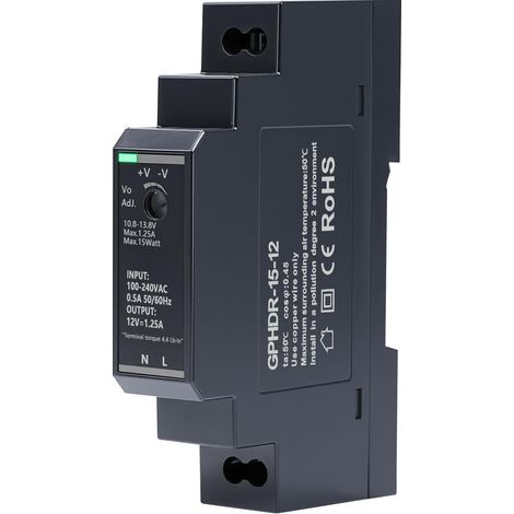 Alimentation 12V din 1.25A 15W hdr-15-12 Entrée 100–240V CA, Sortie constante 12V CC/1,25A avec Protection Contre Les surtensions, Les surcharges, Les surintensités et Les Courts-Circuits. (1/5)