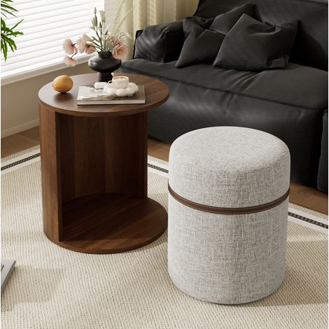 Table d'appoint ronde 38x38x47,5 cm avec tabouret intégré, gain de place, MDF couleur noyer (1/5)