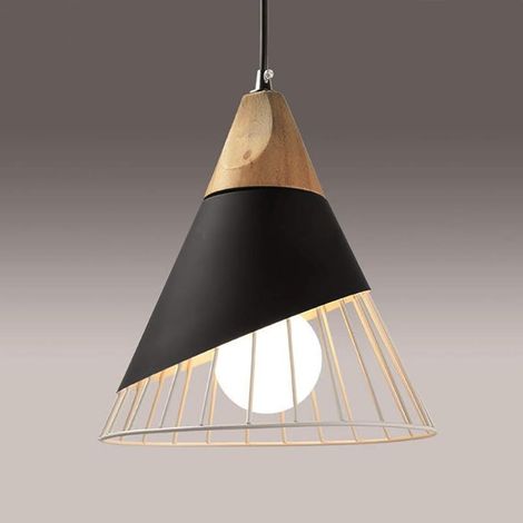 Lustre Moderne, 25CM Suspension Luminaire Créatif Forme de Cône Cage Vintage Industrielle Lampe E27 Fer et Bois Plafonnier pour Chambre Salle à Manger (Noir + Blanc 1) (1/5)