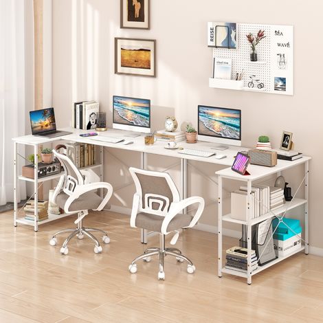 Bureau d'Ordinateur en Forme de L Bureau d'angle Réversible avec Étagère Réglable Table d'Étude Gain de Place avec Cadre Métallique Blanc