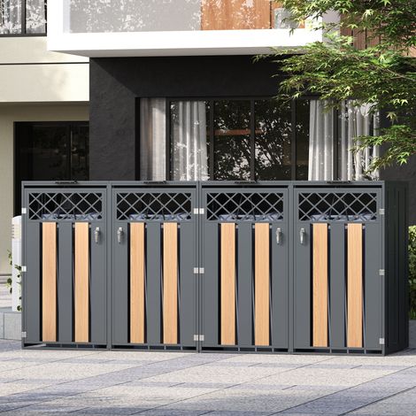 Copribidoni 132x80x118,5 cm - Box quadruplo per 4 bidoni con coperchio idraulico - Acciaio zincato - Grigio