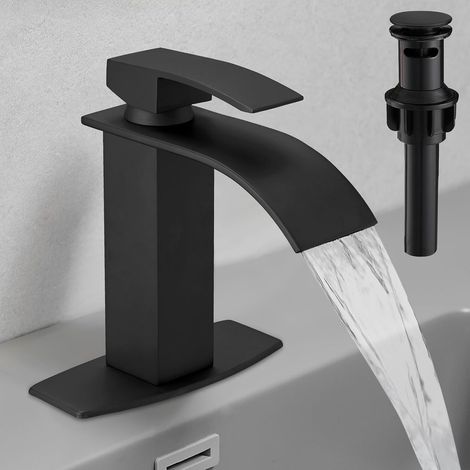 Rubinetto da bagno nero a cascata, rubinetto monocomando per lavabo. (1/3)
