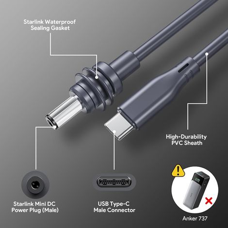 Câble USB-C vers DC 100W 5m pour Starlink Mini/Mini X (IP67) Pour Mini/Mini X, 5m 100W 18AWG USB-C vers DC, Puce PD (20V), Étanche IP67, Idéal Batterie Externe, Camping-car & SUV. (1/5)
