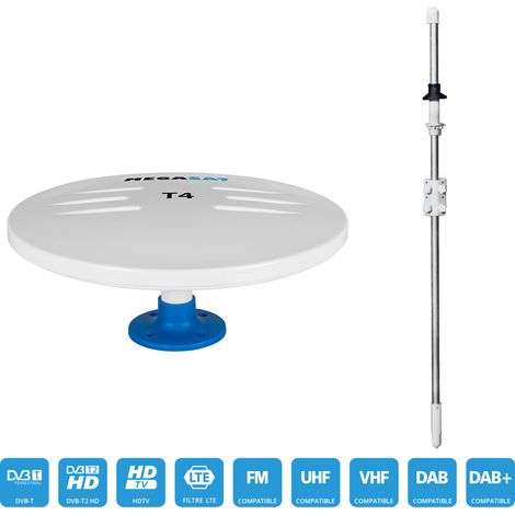 Kit Antenne Extérieur Omnidirectionnelle DVB-T T4 33dB 5/12V + Mât Transversal 160cm - pour Camping Car Camion Voiture Bateau (1/2)