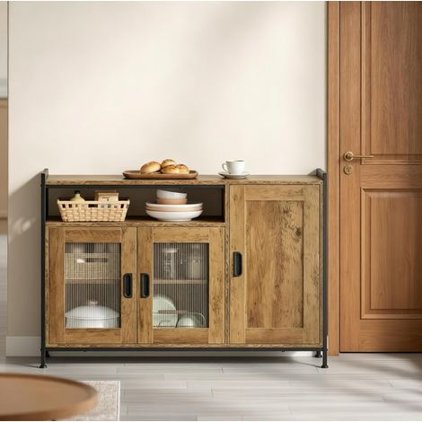 Buffet de cuisine 110x33x75 cm marron en bois d’ingénierie et métal avec niche ouverte et étagères réglables (1/5)