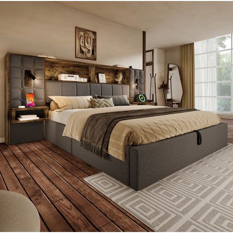Lit rembourré 160x200 gris avec rangement, LED, liseuses, ports USB-C et chevets intégrés (1/5)