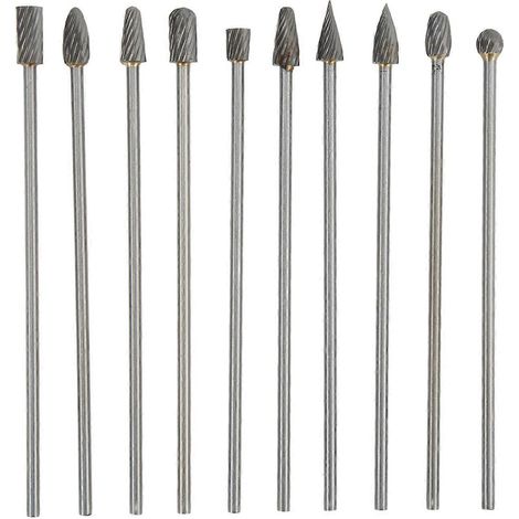 Jeu de 10 fraises rotatives en carbure, queue de 3 mm, multifonctionnelles, pour l'aéronautique et l'automobile. (1/4)