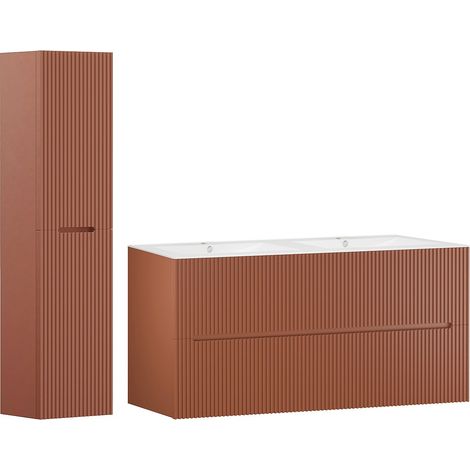 Meuble de salle de bain suspendu avec vasque à encastrer et colonne - Strié terracotta - 120 cm - PAVANI