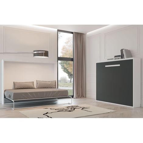Lit escamotable horizontal 80x190 cm Optima - Poignée moderne acier large - Coffrage Blanc - Façade Pistache - Matelas Matelas mousse 18 cm (1/5)