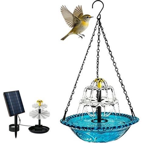 Abreuvoir à oiseaux suspendu - 1 unité - ABS et métal - Fontaine solaire - Jardin, balcon, terrasse - Bleu 23 cm (1/5)