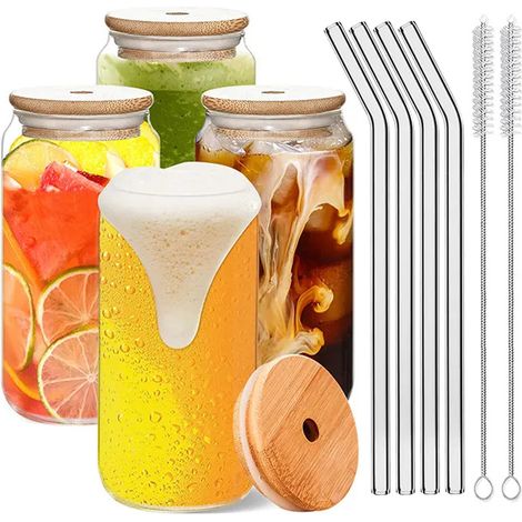 4 Verres à boire, couvercles en bambou, pailles en verre, design boîte, 16oz, pour café glacé, cocktail, cadeau (1/5)