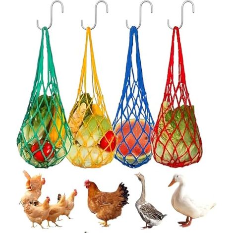 Lot de 4 filets d'alimentation pour poules à suspendre, avec 4 crochets, sac en filet en nylon, accessoires pour le stockage des fruits et légumes (1/4)