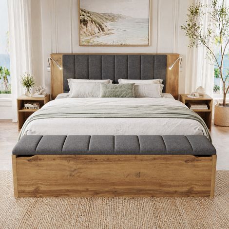Lit coffre 180x200 cm avec tête de lit relevable, 2 chevets, banc de rangement, lampes USB, lin - chêne