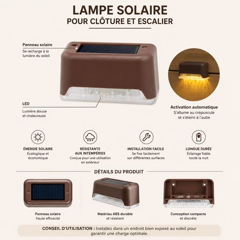 Lampe solaire LED d'extérieur pour escalier et clôture boîtier marron lumière chaude couvercle transparent marron transparent réf 100 g – Livraison gratuite