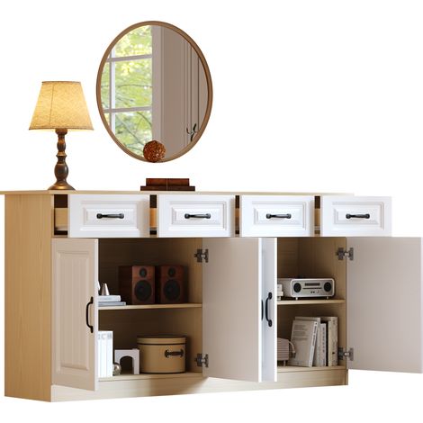 Aparador con 4 Puertas, 4 Cajones y Estantes Ajustables, en MDF, Blanco y Color Madera Natural, 160 x 35 x 80 cm (1/5)