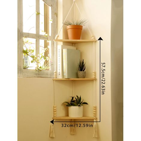 (TK-M01755) Étagère murale flottante triangulaire en bois, présentoir d'angle, style bohème, décoration murale pour salon ou chambre. (1/5)