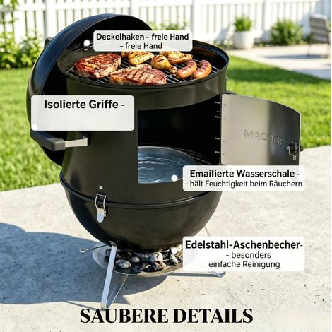 Ahumador de carbón 62,5 x 47,5 x 91 cm de metal negro, 3 parrillas, camping y jardín – MEUBLIV (1/5)