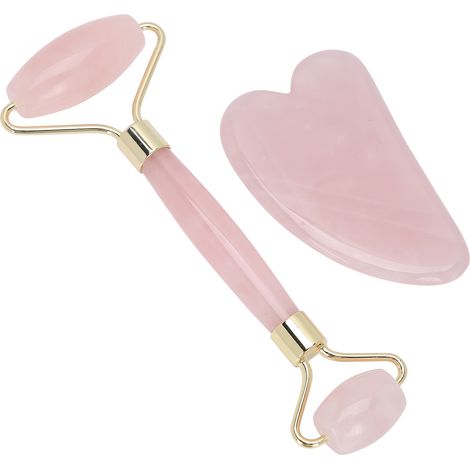 Kit Massage Visage en Quartz Rose, Rouleau Facial Anti-Rides, Outil Gua Sha Liftant Anti-Âge, Éclat Cutané, Doré, Soin Beauté Peau Ferme (1/5)
