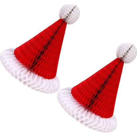 Pendentif Chapeau de Noël en Papier Alvéolé Rouge 2pcs Décoration Festive Légère pour Sapin et Jardin de Noël (1/5)