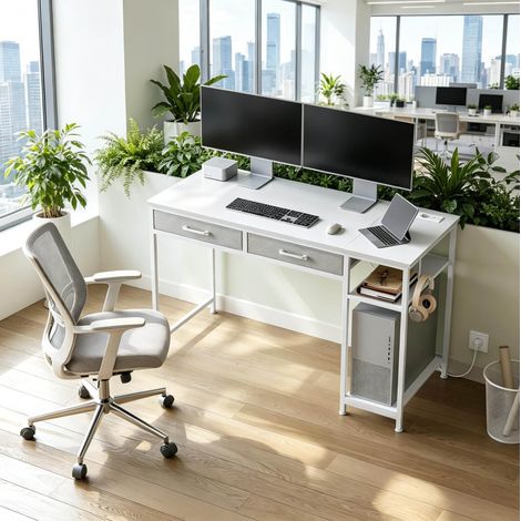Escritorio con cajones y enchufes de madera blanco OKMYHOME (1/5)