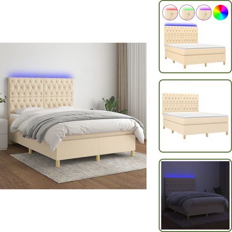 Cama con cabecero ajustable - vidaXL Cama box spring colchón y luces LED tela crema 140x190 cm - Colchón ensacado