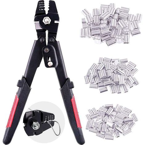 Pince à Sertir Câble Acier 2,2 mm, Lot de 150 Manchons Aluminium Double Barillet 3 Tailles, pour Câble Métallique et Ridoir