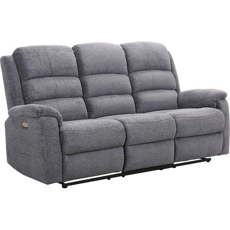 Vente-Unique – Canapé 3 places relax électrique – Dossier inclinable – Tablette avec porte-verres – Tissu gris 100% polyester – Longueur 187 cm