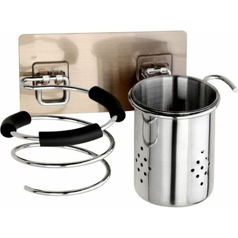 Support de sèche-cheveux mural en aluminium pour salle de bain et WC avec câble sans perçage pour fer plat, baguette à friser, lisseur (1/5)