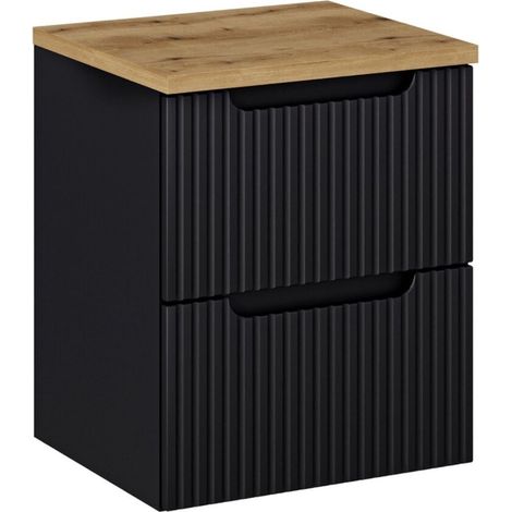 Set da bagno sospeso VANO 50cm: mobile sotto lavabo con cassetti scanalati + piano per lavabo effetto rovere chiaro