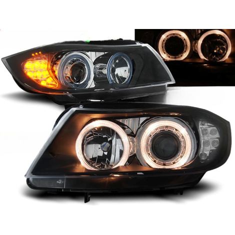 Paire de feux phares BMW serie 3 E90 de 2005 a 2008 angel eyes noir + Cligno Led-27361190 (1/2)