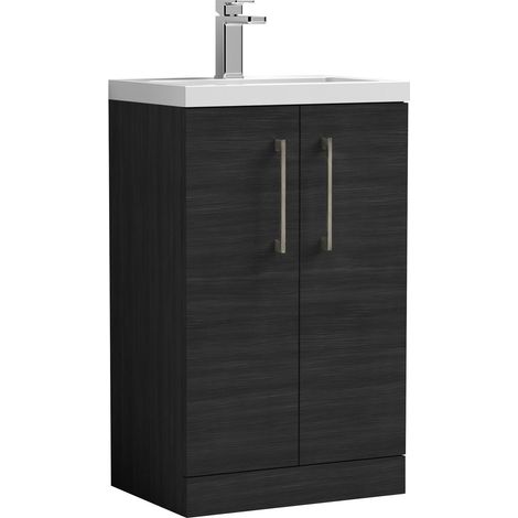 Balterley Bramshall Compact Bathroom Cloakroom Vanity Basin Unit with Polymarble Basin, Brushed Pewter Handles, 500mm, Woodgrain Black (1/5)