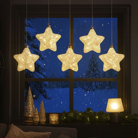 Stella di Natale a LED appesa Decorazione natalizia in vetro a batteria Decorazione per albero, bianco, LxH 15 x 67 cm, set da 5