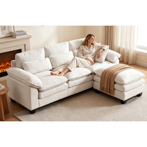 Canapé d'angle réversible 226x76x88cm,Canapé modulaire coussins doubles, canapé en L avec pouf amovible, canapé en velours Teddy 4 places beige (1/5)