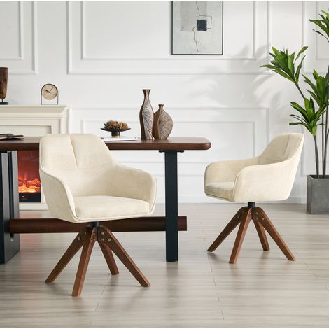 Silla de comedor giratoria 360° de madera maciza y tejido blanco crema, con reposabrazos, set de 2,58×46×82cm (1/5)