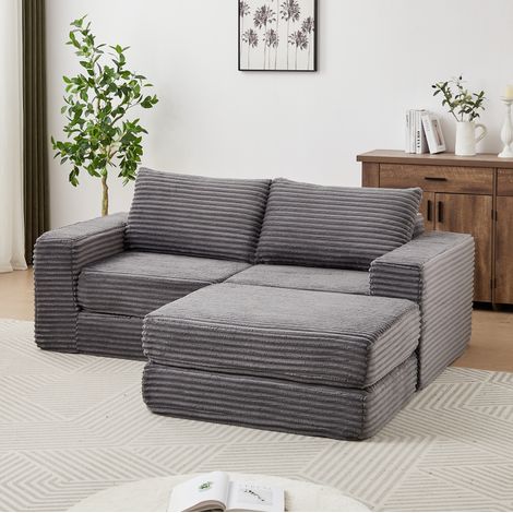 Canapé convertible modulable en velours côtelé gris, 2-en-1 avec repose-pieds amovible et accoudoirs carrés (1/5)