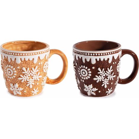 Tasses de Noël en céramique à flocons et motifs de Noël en relief, lot de 2, diam. 10 cm x H. 10 cm
