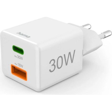 Hama Mini-Schnellladegrät PD 30W 1xUSB-C/1xUSB-A weiß 201992