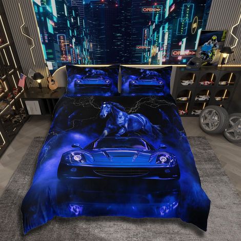 Parure de lit avec housse de couette de 135 x 200 cm et 1 taie d'oreiller avec fermeture éclair Motif voiture de sport extrême, motif chevaux, bleu (1/5)