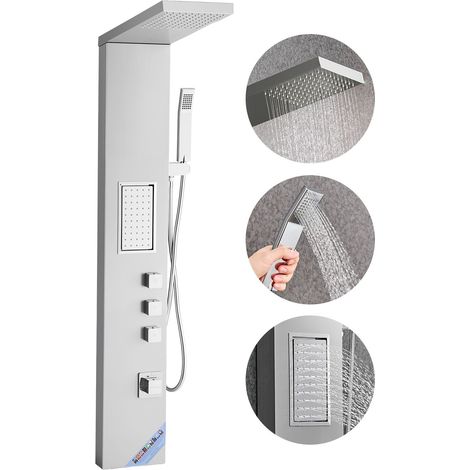 Colonne de douche avec pommeau de douche effet pluie, système de panneau de douchette mural haute pression en acier inox brossé, robinet 3 fonctions, avec grand jet corporel et douchette à main (1/5)