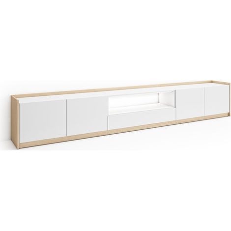 Skraut Home - Mueble TV, Televisión, Muebles de salón, almacenaje, 310x37x50cm, Para TV hasta 80", LED, Estilo Moderno, Blanco y roble soft (1/5)