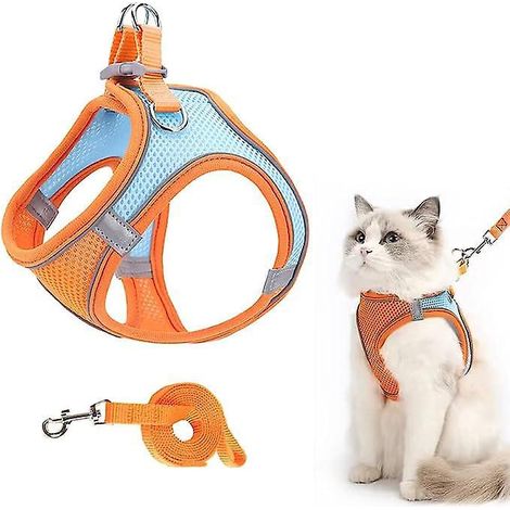 (colorblock Orange Bleu) Harnais Et Laisse Pour Chien En Maille Respirante Avec Sangle Rflchissante Pour Chatons, Chiots, Lapins (1/5)