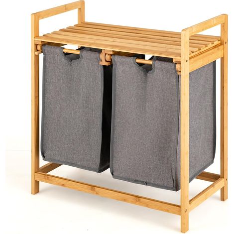 GOPLUS Panier à Linge en Bambou, Tireur à Linge avec 2 Compartiments, Corbeille à Linge Sale avec Étagère de Rangement, Sac à Linge avec Poignée Pratique, pour Salle de Bain, Buanderie, Salon (1/5)