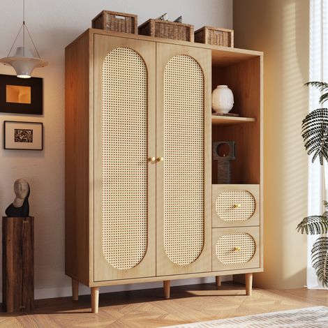 Armario 120x44x161 cm roble en madera con 2 puertas, 2 cajones, estantes abiertos y barra para colgar (1/5)