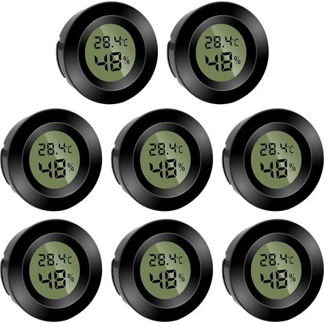 Juego de 8 mini higrómetros digitales redondos – Higrómetro – Visualización de temperatura (°F) o Celsius (°C) – Para uso en interiores, por ejemplo, en la oficina o el salón – Pilas incluidas