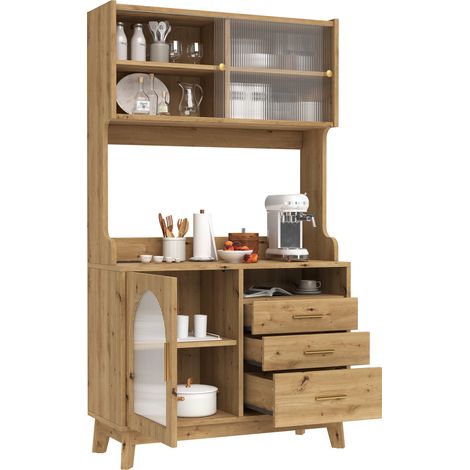 Buffet haut de rangement 100,5 x 40 x 178 cm avec prises USB-A et USB-C, façade acrylique ondulée, coloris bois CHICFURN (1/5)