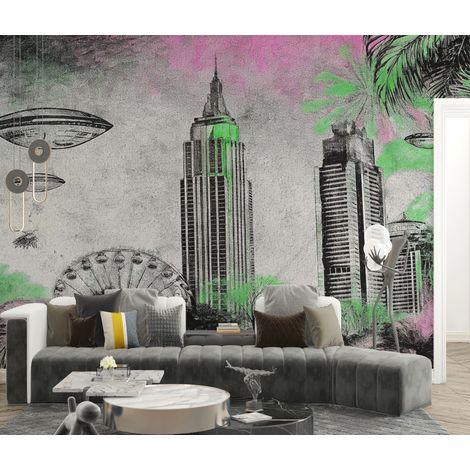Papier peint pop art - gratte-ciels de new york en noir et vert - 150 x 250 cm (1/2)