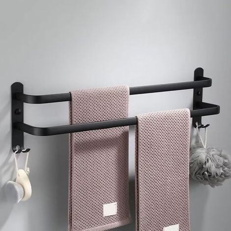 Porte-serviettes de salle de bain, porte-serviettes mural, porte-serviettes avec crochets, porte-serviettes double couche, sans perçage, 30 cm (1/4)